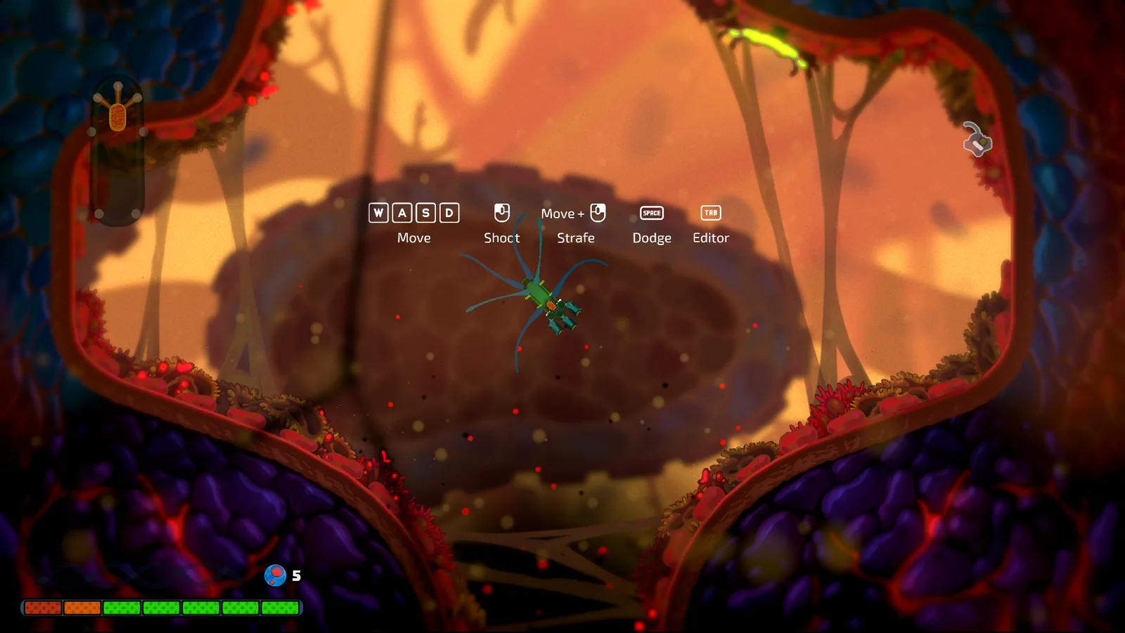 In-game Pathogenic controls overlay showing Move WASD, Shoot mouse, Strafe, Dodge Space, and Editor Tab