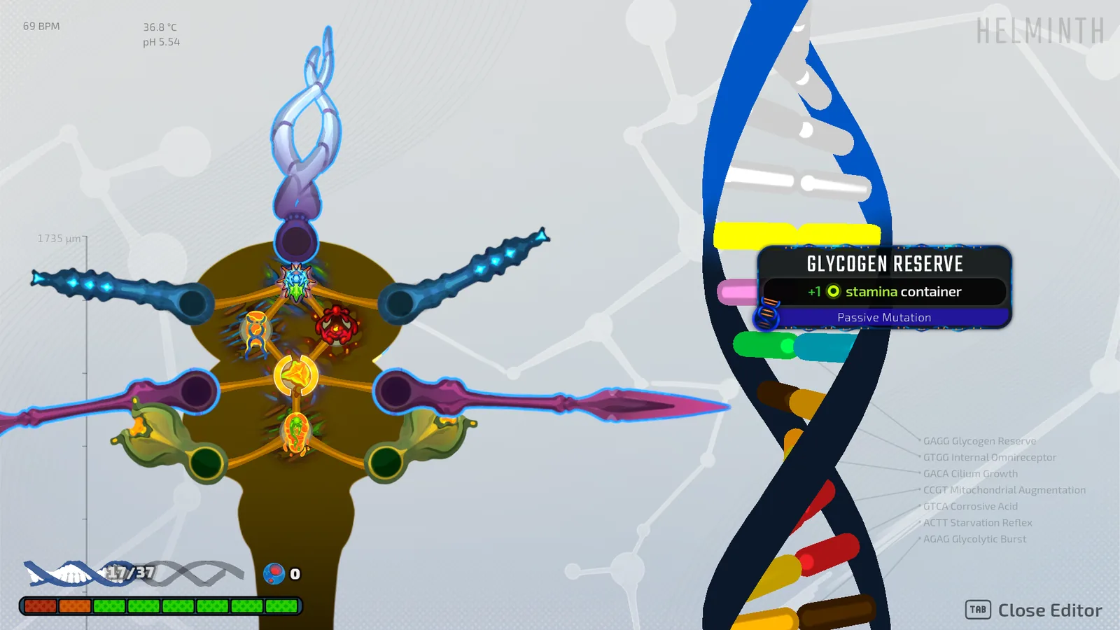 Pathogenic organelle editor showing a pathogen with organelles connected by yellow chain lines and an expanded tooltip