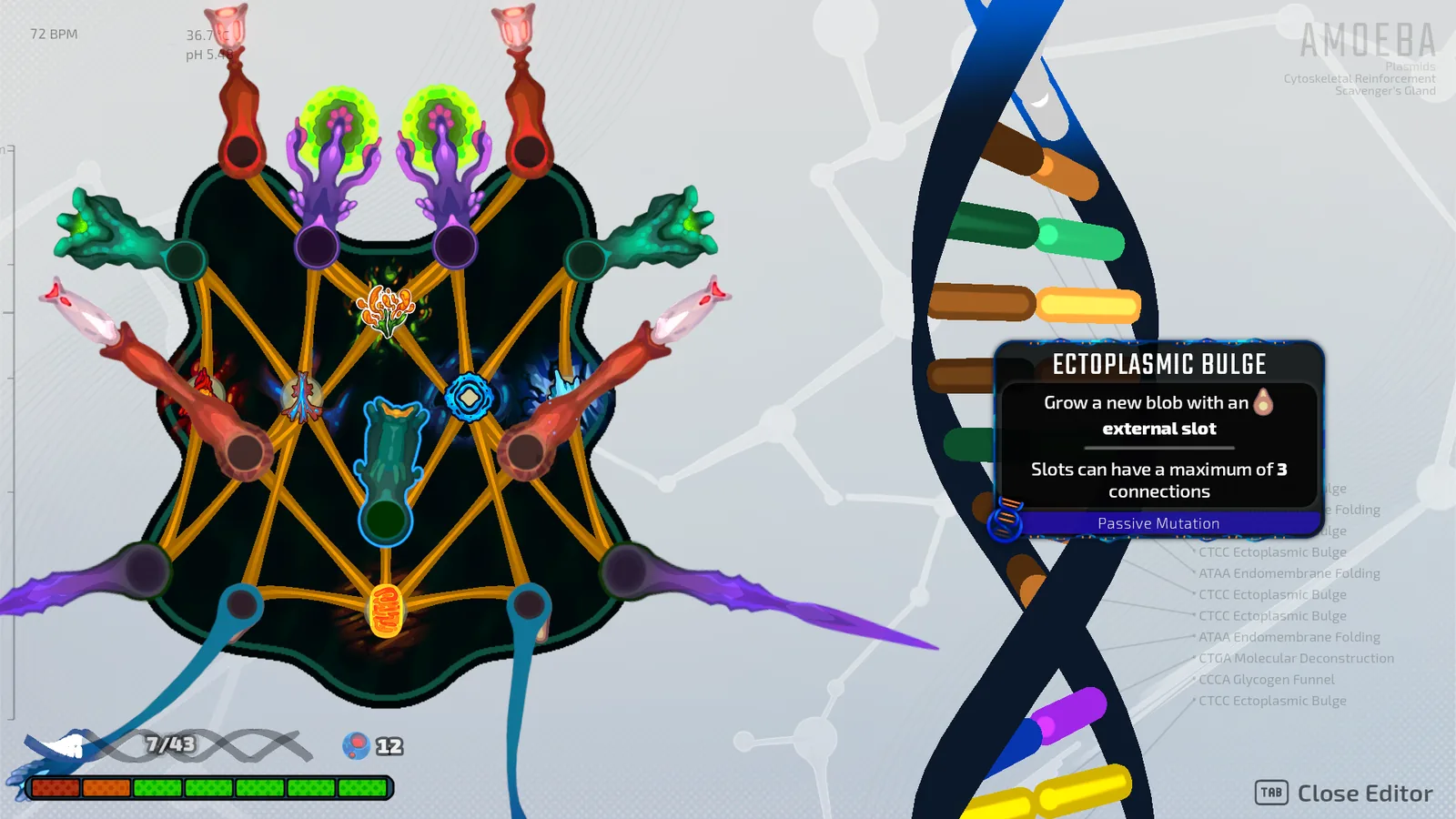 Pathogenic editor showing flagella, mitochondria, weapons, an internal organelle, and a mutation tooltip on one pathogen