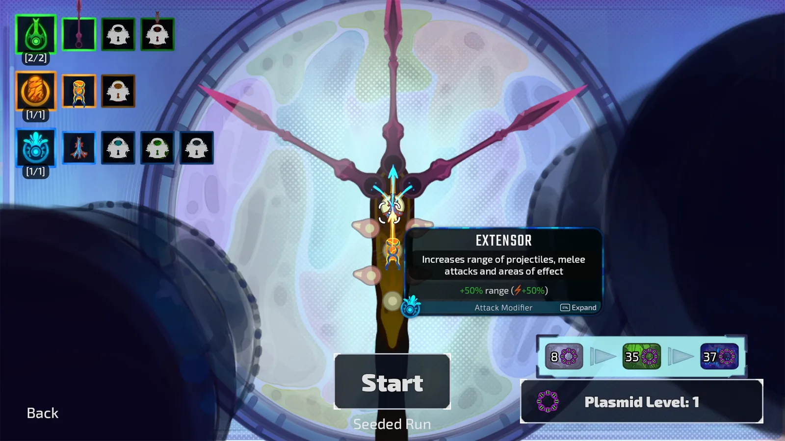 Pathogenic pre-run loadout screen with colored organelle slots, an Extensor attack-modifier tooltip, and a Start button