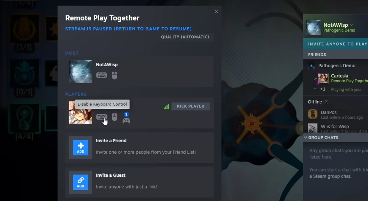 Steam Remote Play Together panel showing each player input devices, with the host on keyboard and mouse and the remote player on a controller