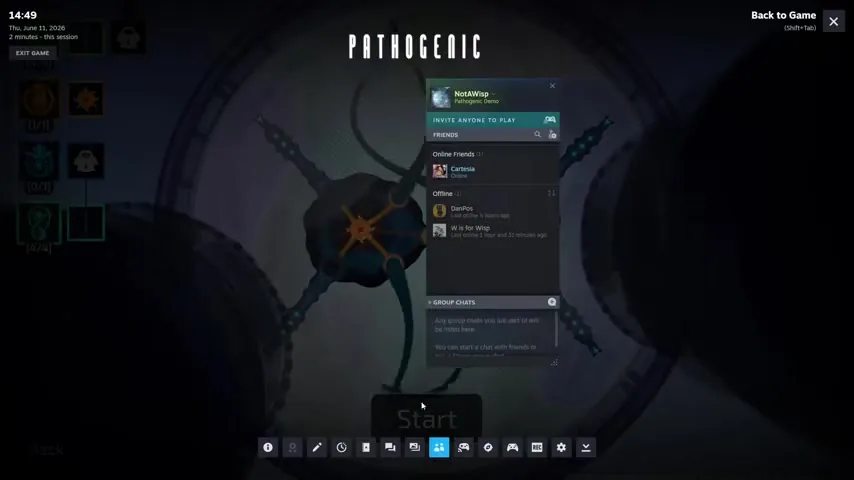 Steam Overlay invite screen in Pathogenic showing the friends list and an “Invite anyone to play” button