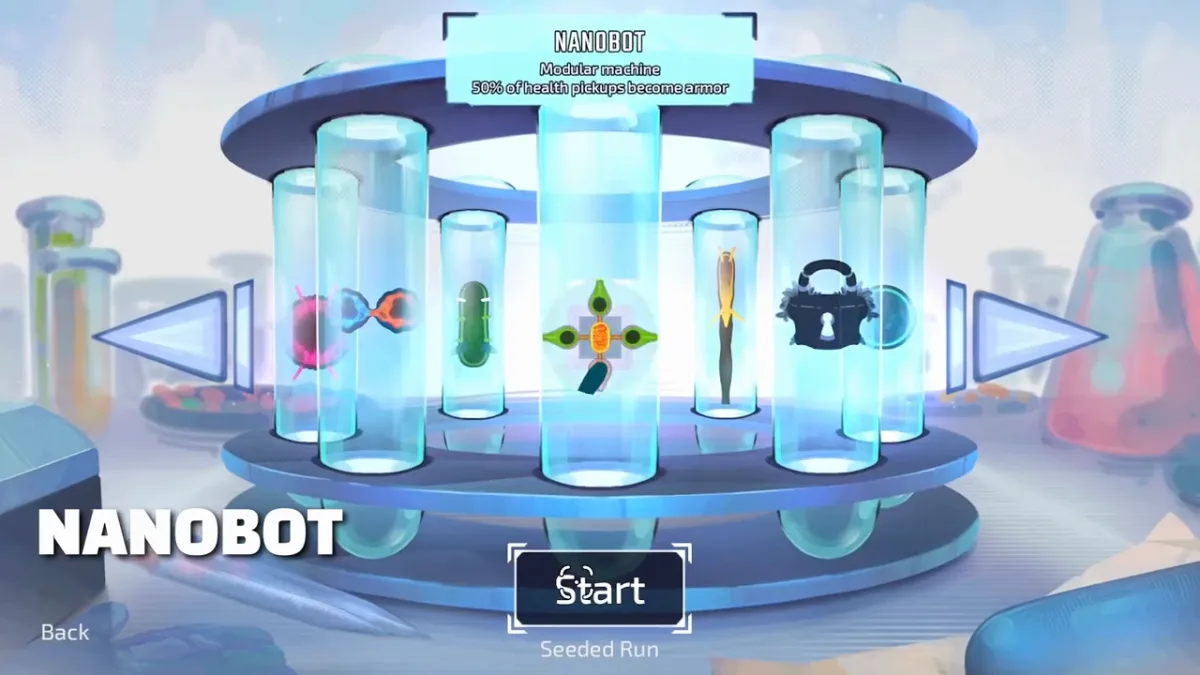 Nanobot selected in the official Pathogenic character carousel with its modular machine description visible