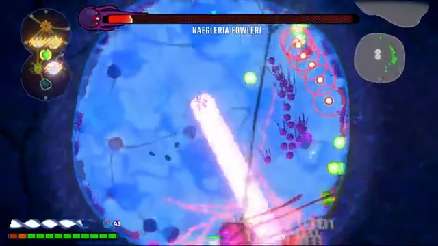 Naegleria Fowleri boss fight showing a red ring attack on the floor with purple minions clustered near it