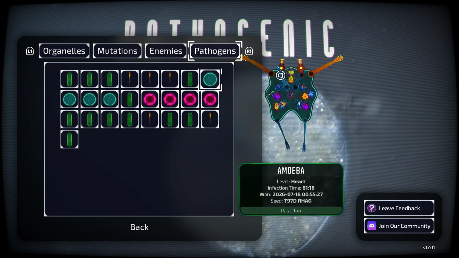 Pathogenic Past Run screen showing an Amoeba build the player describes as a burn build, with a Heart win recorded on v1.0.11