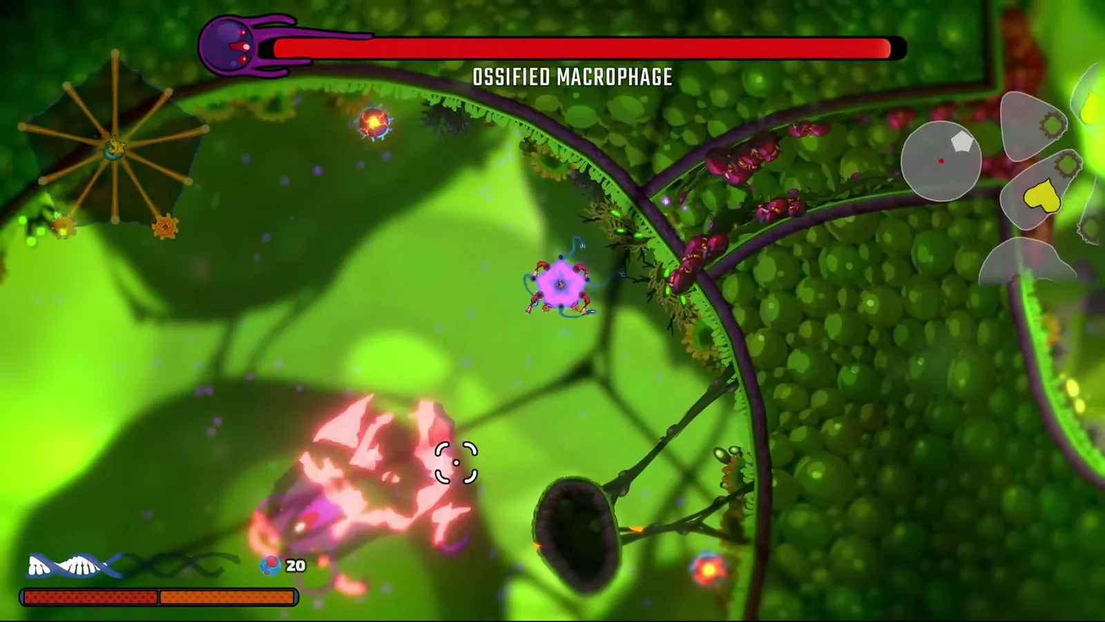 Pathogenic encounter with the Ossified Macrophage a few seconds before a burst of burn damage, showing the earlier lower-damage state