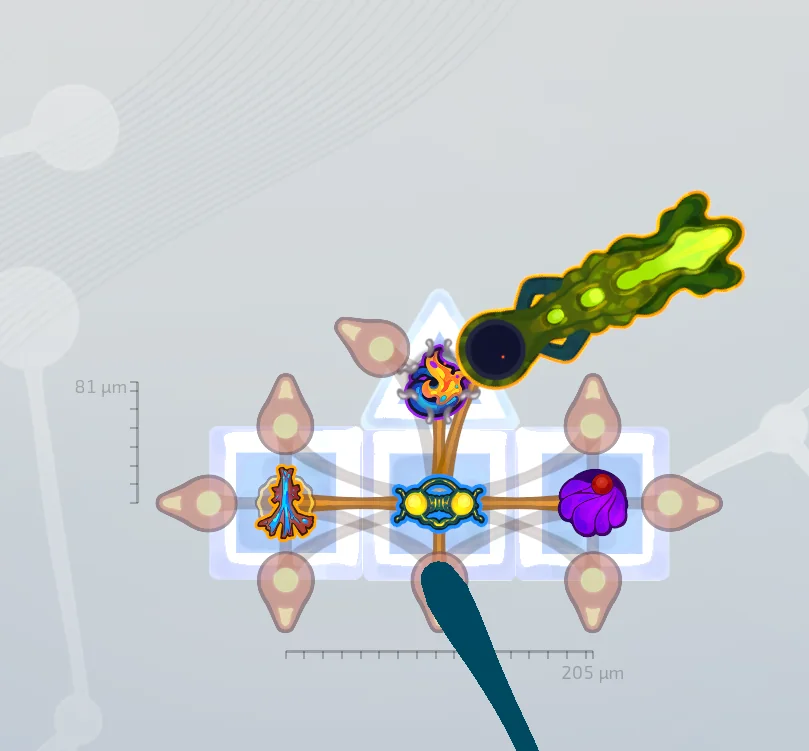 Pathogenic build-editor layout with flame-themed organelles connected to a central core, shared by a player who said they reached 5000 burn