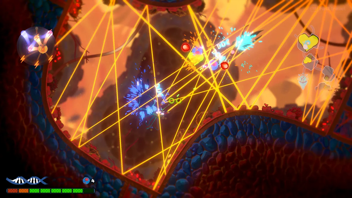 Official Pathogenic combat screenshot showing a dense laser build in action